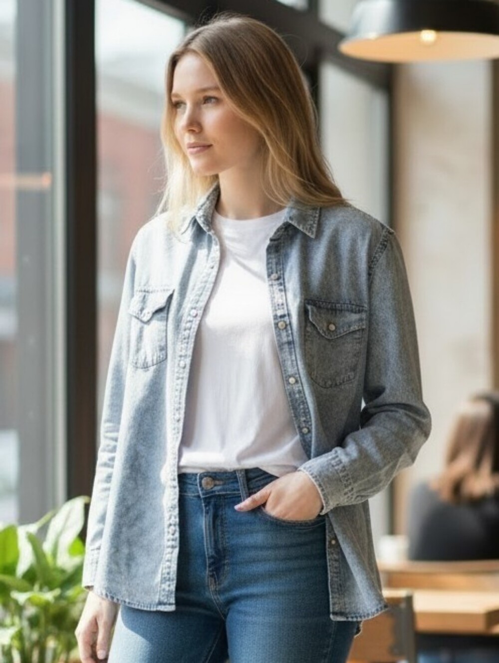 Adam Levine Collection Cotton  Light Wash Denim Button-Down Shirt - Women's